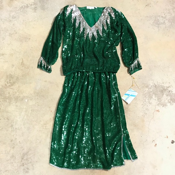 Vintage Dresses & Skirts - Vintage Silk Sequin Beaded 2pc Christmas Holiday